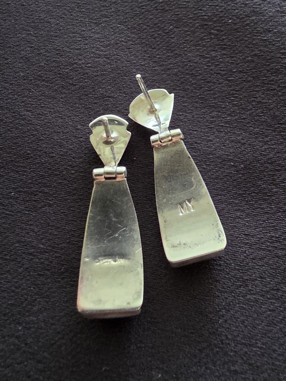 Navajo Marilyn Yazzie Sterling Silver Lab Opal Inlay Dangle Hinge Earrings Vtg - Picture 7 of 12